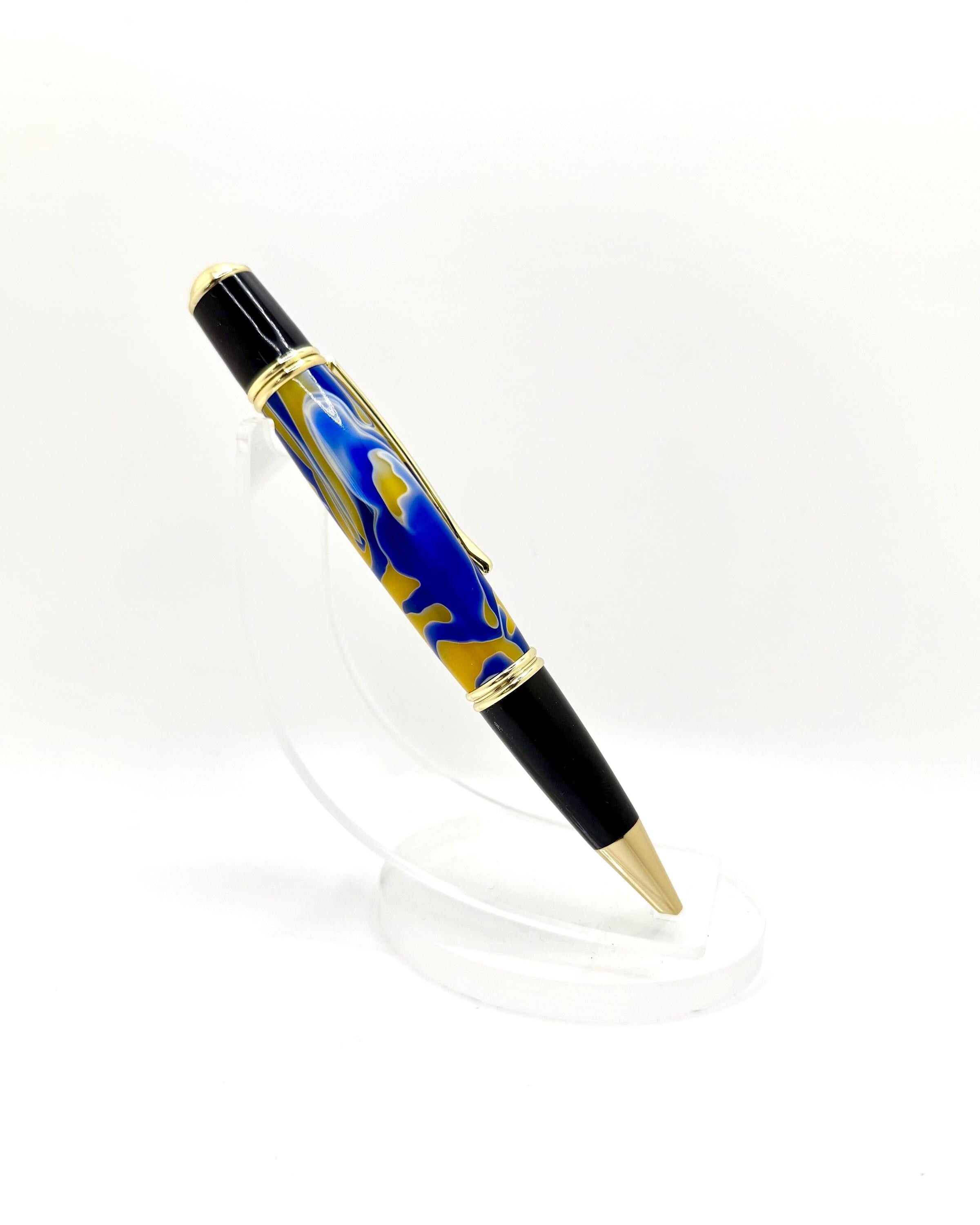Gatsby Style Acrylic Ballpoint Pen - Blue and Yellow, Gold Tone