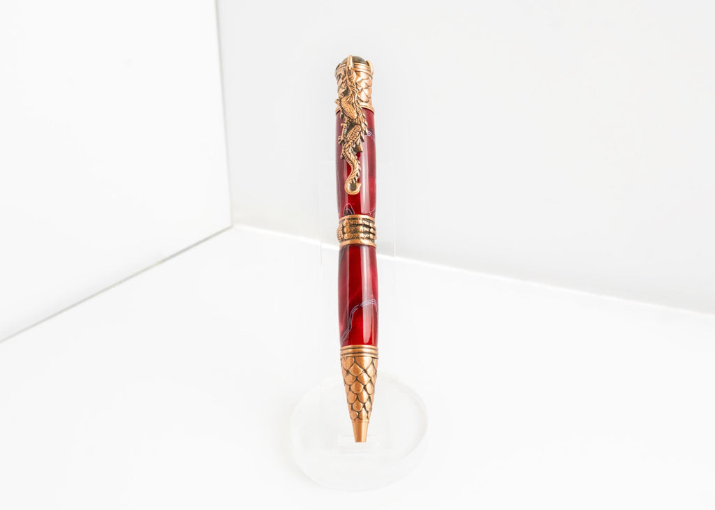 Dragon Acrylic Ballpoint Pen - Red, Antique Gold