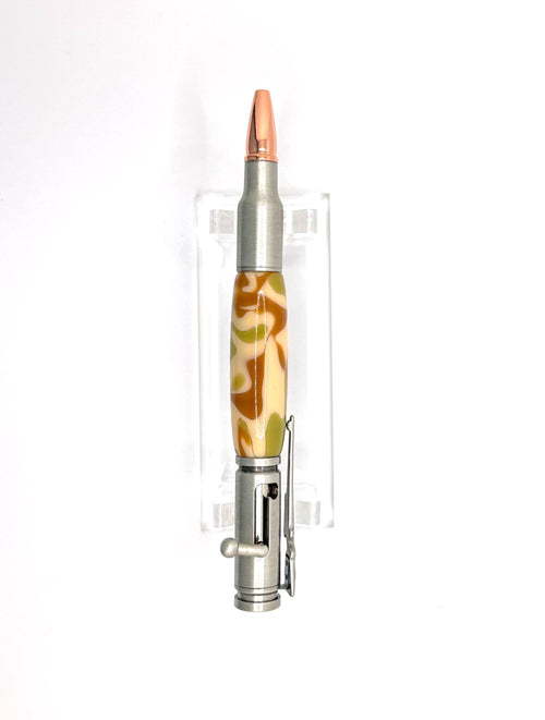 Bolt Action Acrylic Pen – Tan Camo, Brushed Chrome