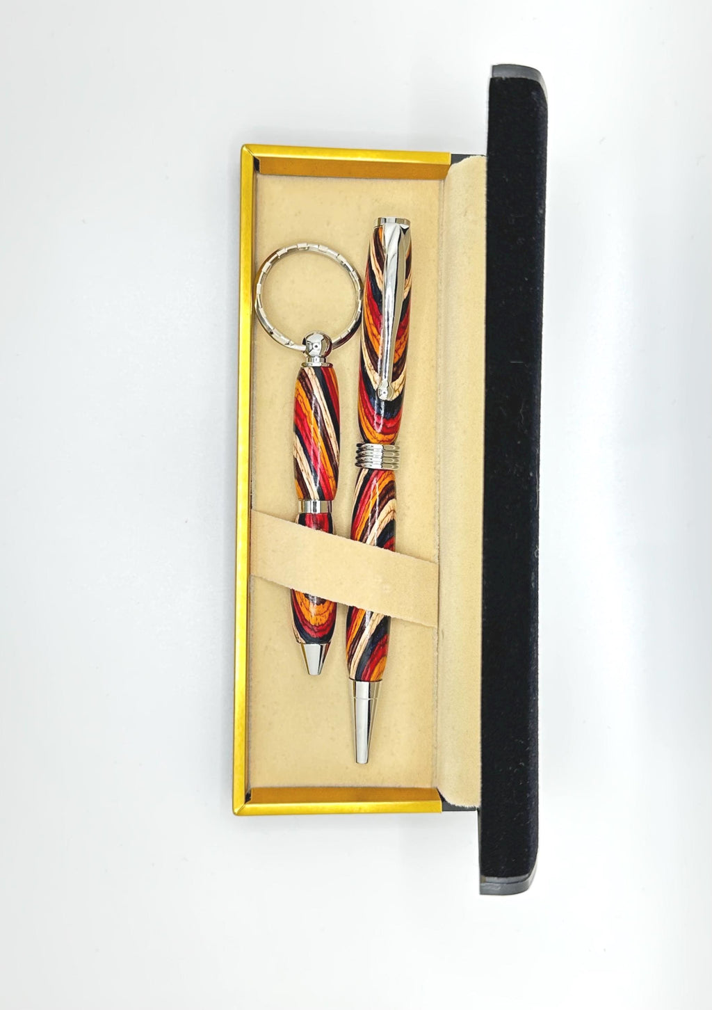 Slimline Wooden Ballpoint Pen - Composite Exotic Wood Sunset Swirl, Chrome Tone