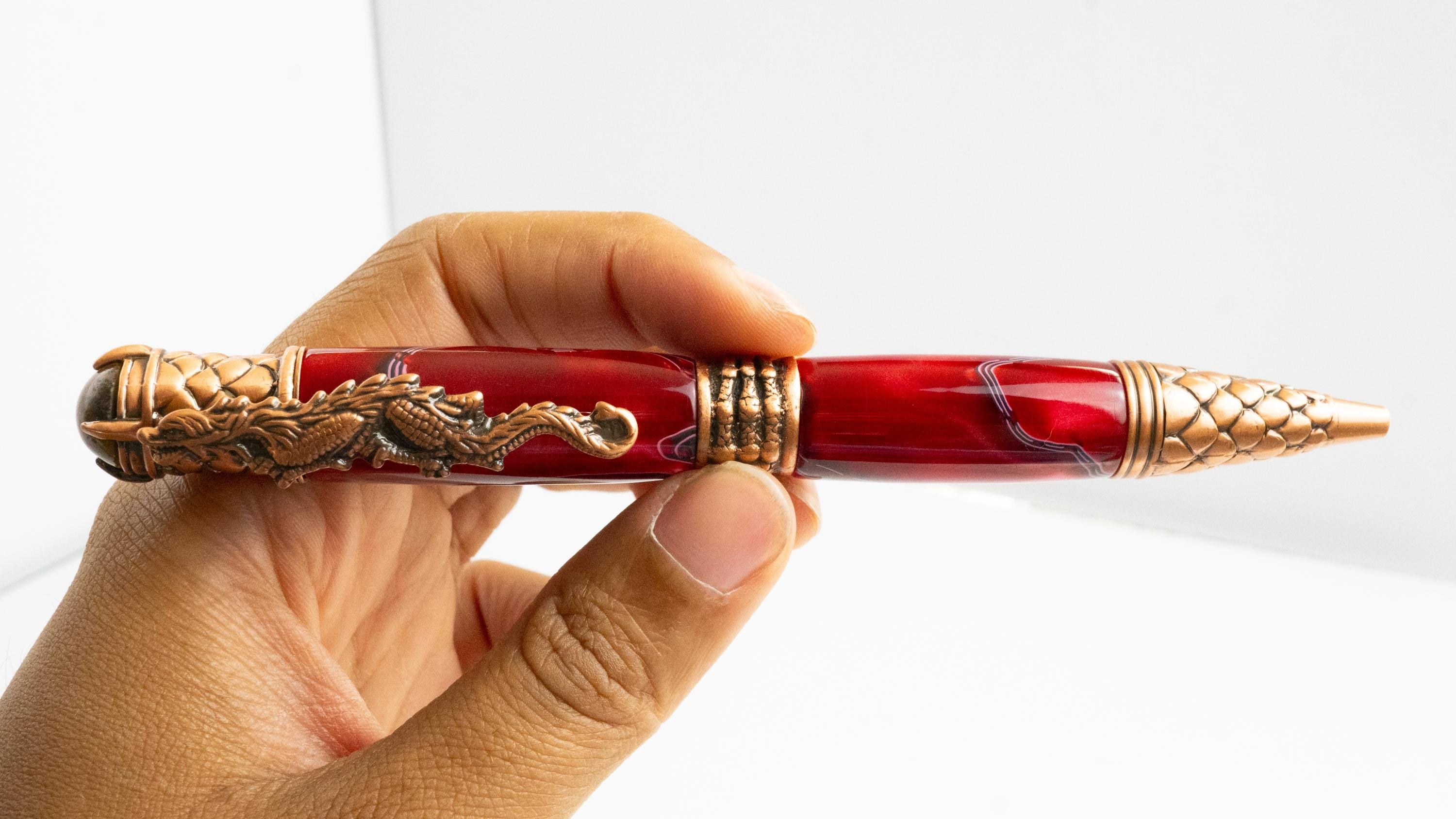 Dragon Acrylic Ballpoint Pen - Red, Antique Gold