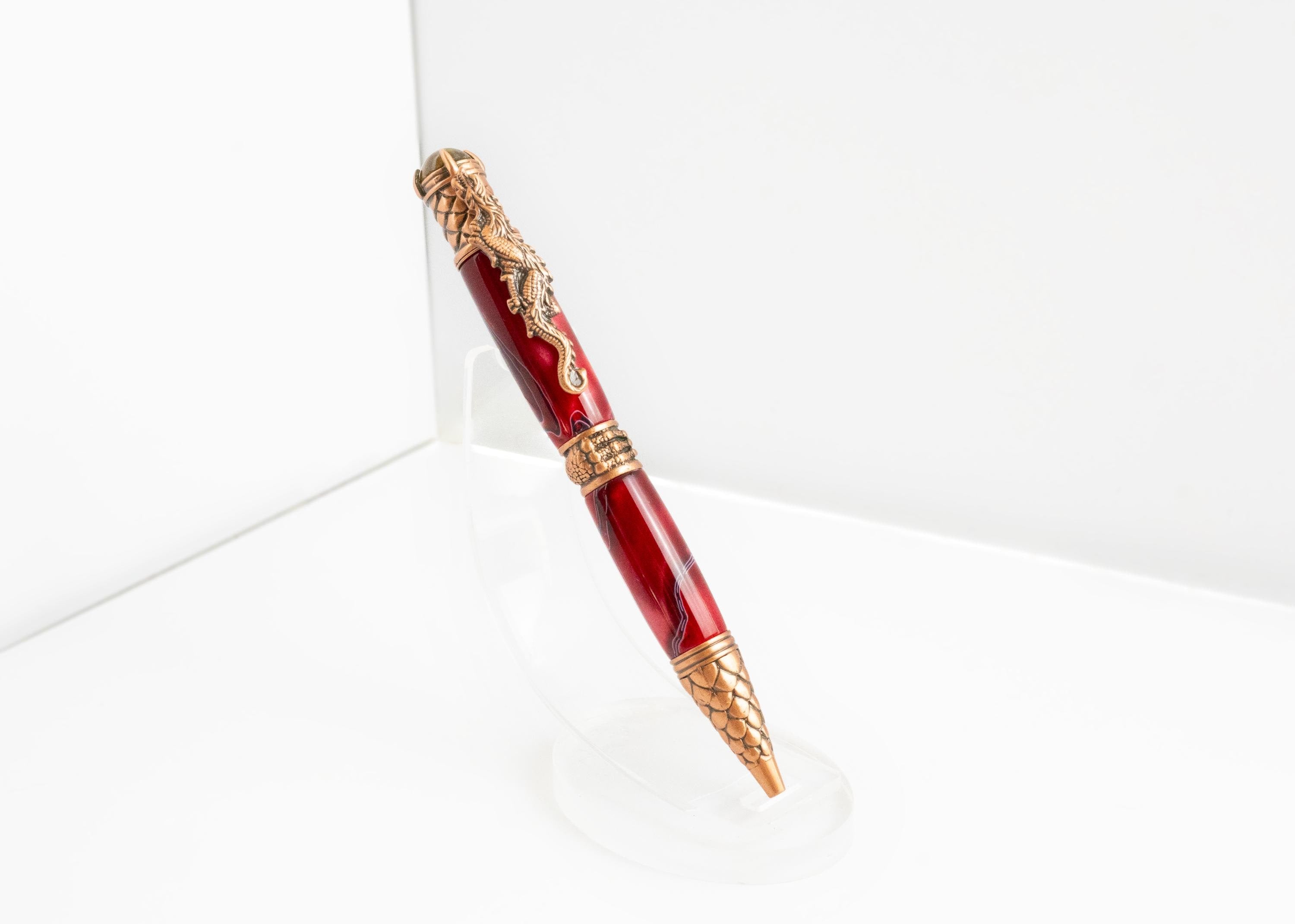 Dragon Acrylic Ballpoint Pen - Red, Antique Gold