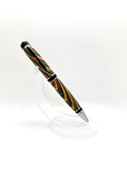 Cigar Style Wooden Ballpoint Pen - Blue Composite Swirl, Chrome Tone
