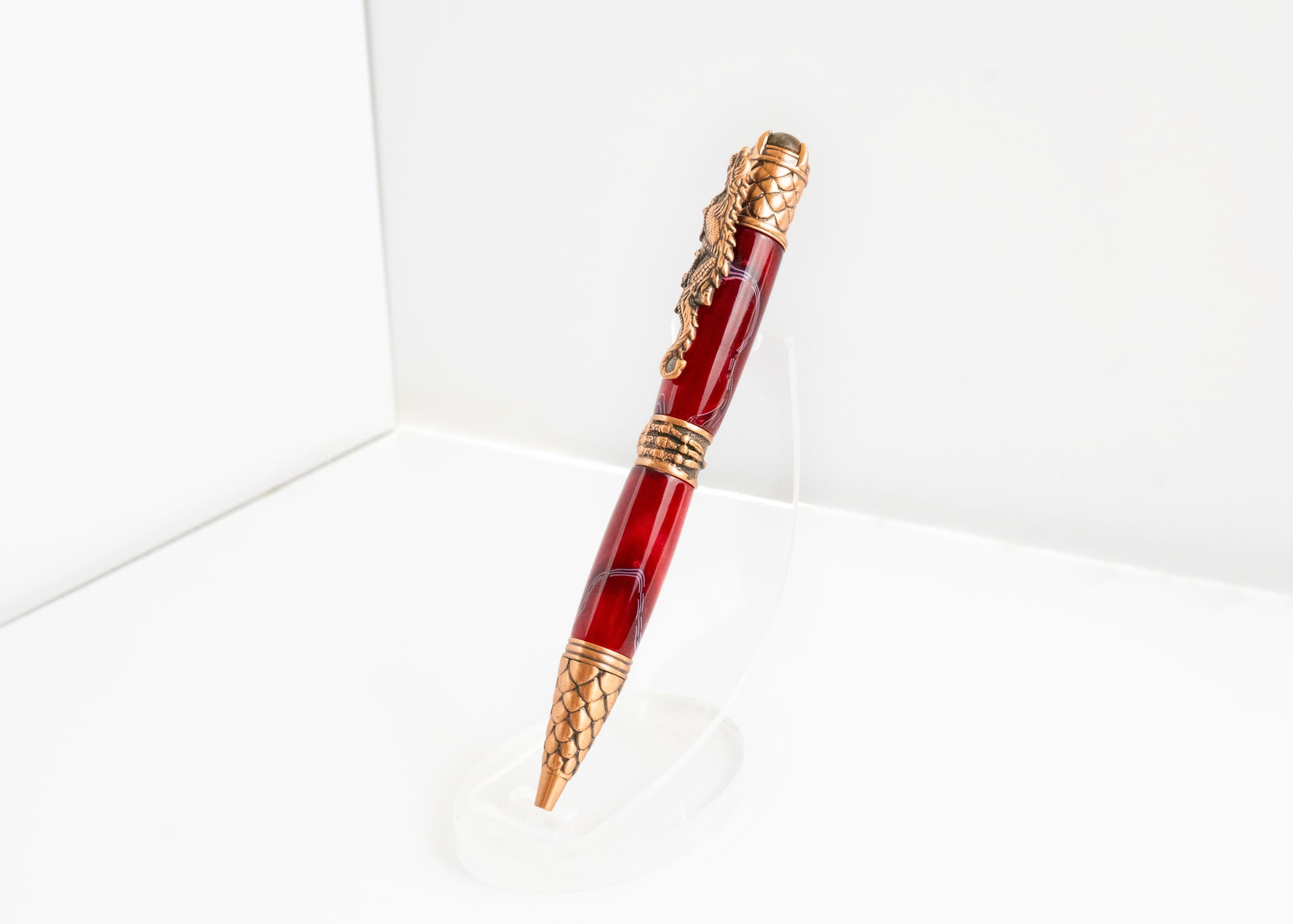 Dragon Acrylic Ballpoint Pen - Red, Antique Gold