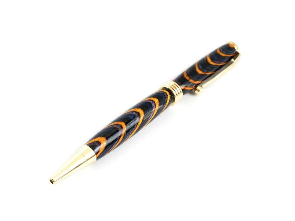 Slimline Wooden Ballpoint Pen - Blue Yellow Swirl, Gold Tone