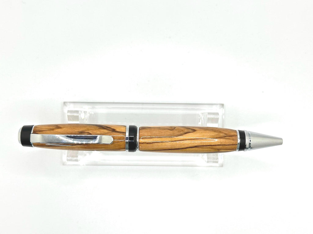Cigar Style Wooden Ballpoint Pen - Figured Olive, Chrome Tone