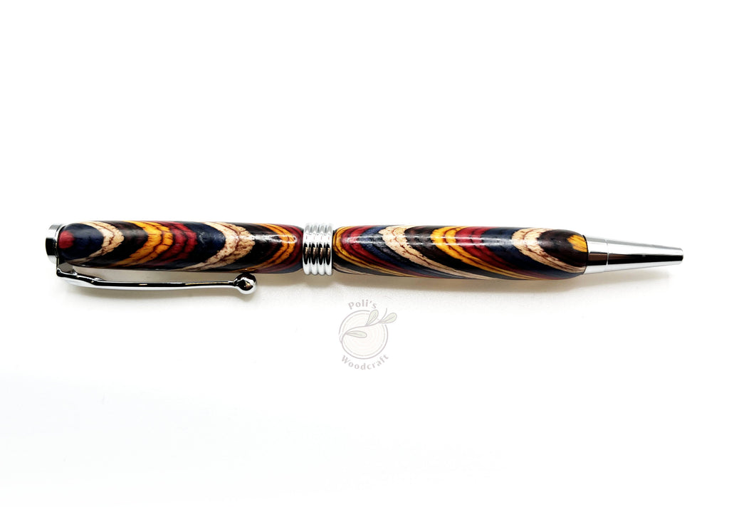 Slimline Wooden Ballpoint Pen - Composite Exotic Wood Sunset Swirl, Chrome Tone