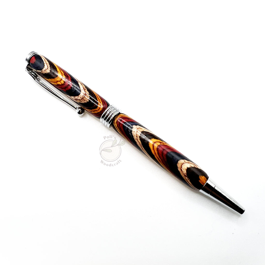 Slimline Wooden Ballpoint Pen - Composite Exotic Wood Sunset Swirl, Chrome Tone