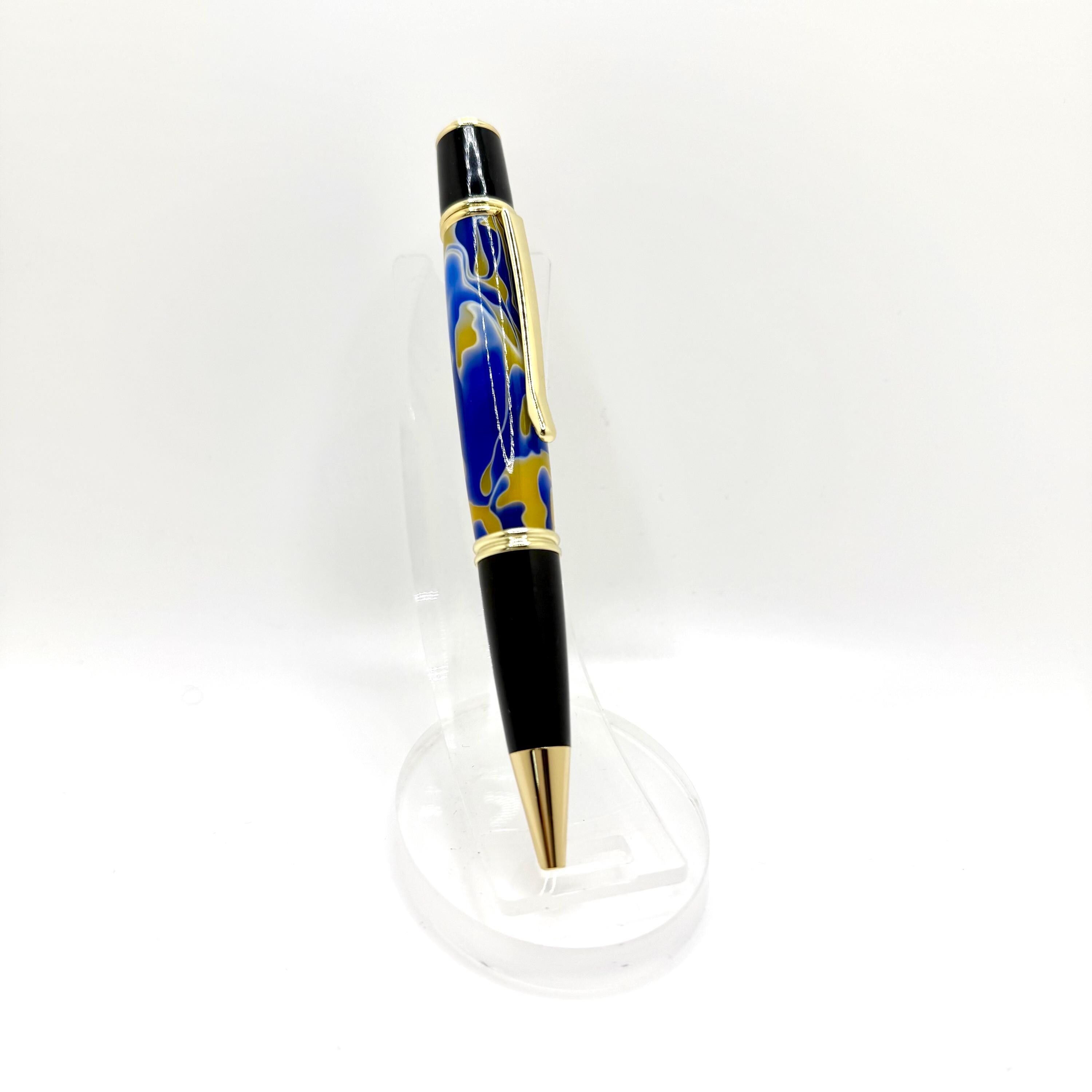 Gatsby Style Acrylic Ballpoint Pen - Blue and Yellow, Gold Tone