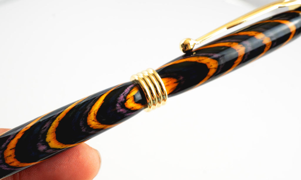 Slimline Wooden Ballpoint Pen - Blue Yellow Swirl, Gold Tone