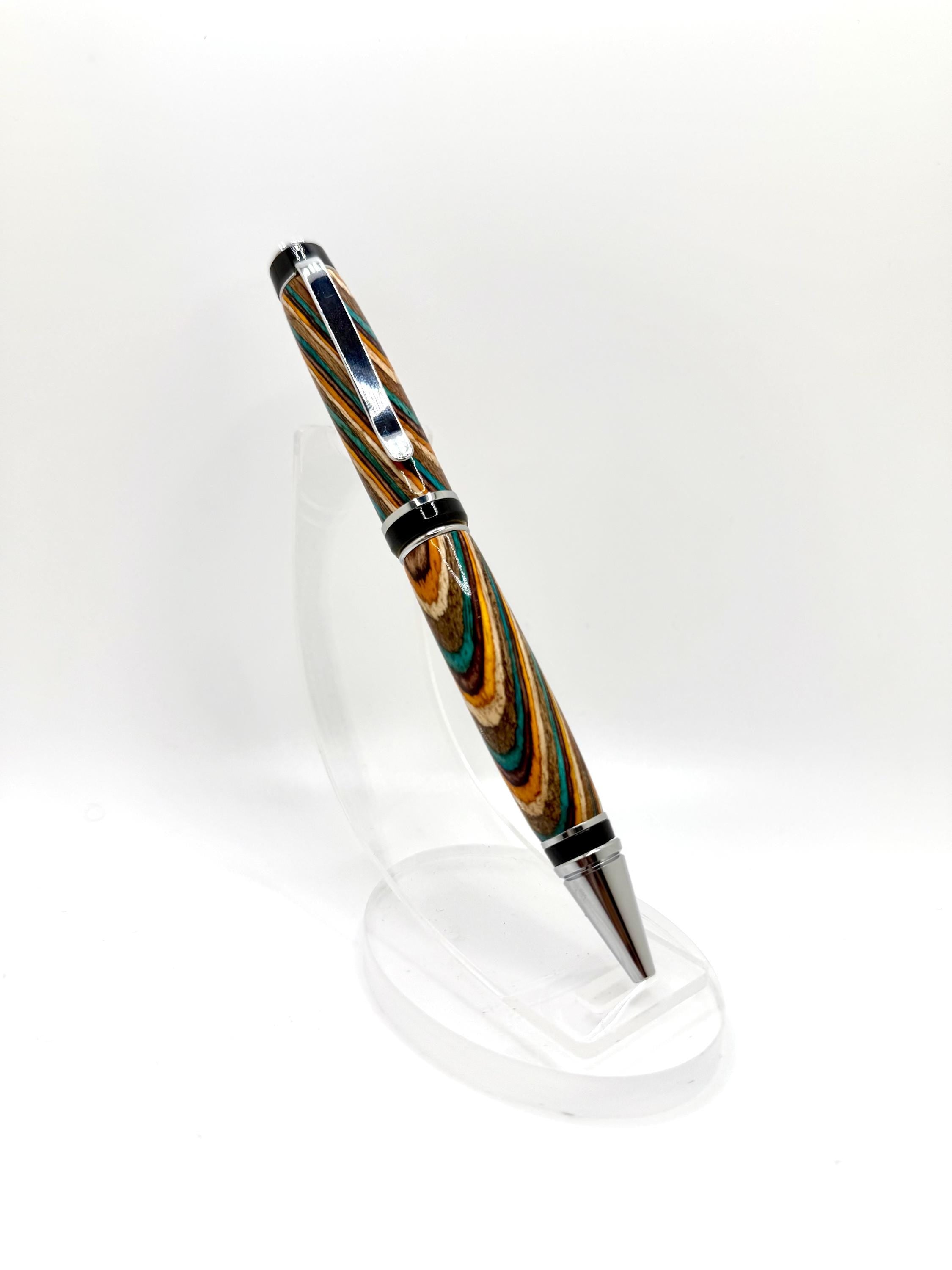 Cigar Style Wooden Ballpoint Pen - Blue Composite Swirl, Chrome Tone