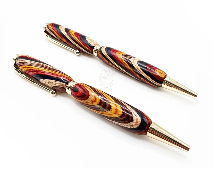 Hand Turned Wooden Ballpoint Pen - Composite Exotic Wood Sunset Swirl - Gold Tone | Gifts for Him