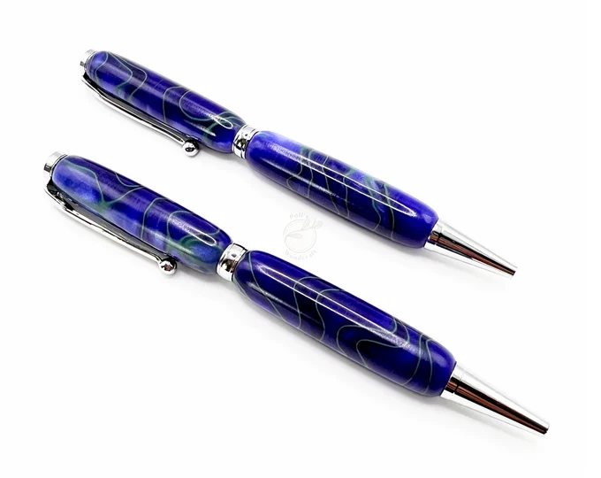 Hand Turned Acrylic Ballpoint Pen - Navy Blue With Green Swirl - Chrome Tone